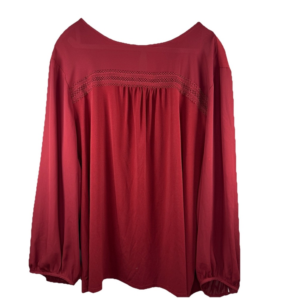 Loft Plus Womens 2X Chiffon‎ Blouse Red Long Sleeve Pullover Blouson Hem